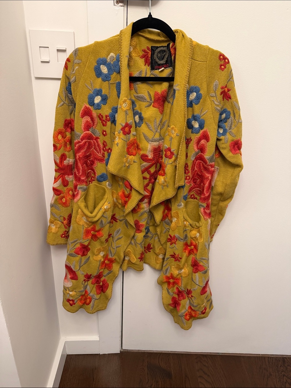 Johnny Was Mustard Floral Embroidered Open Cardigan